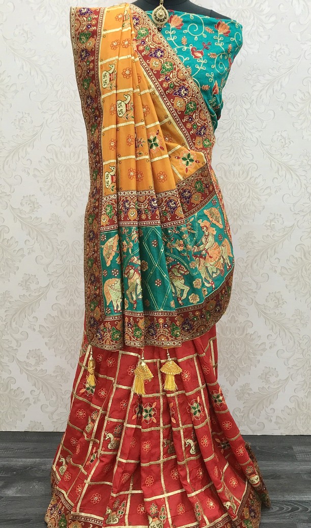 Orange And Red Ceremonial Designer Half N Half Saree